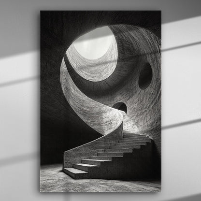 Black and white spiral staircase ascending through a geometric structure.