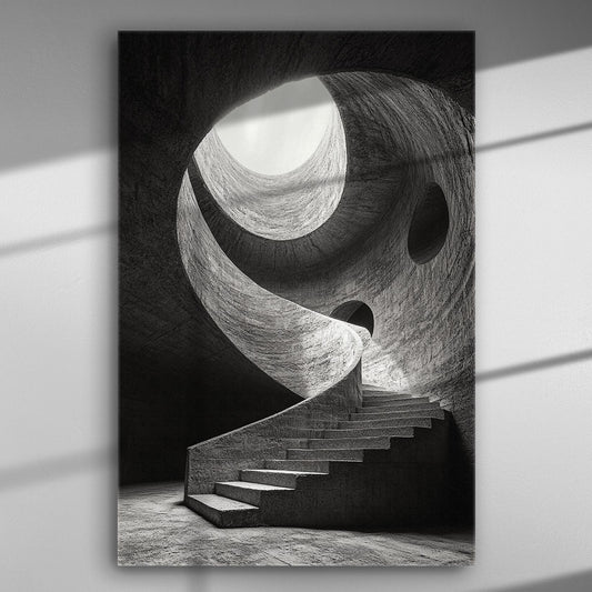 Black and white spiral staircase ascending through a geometric structure.