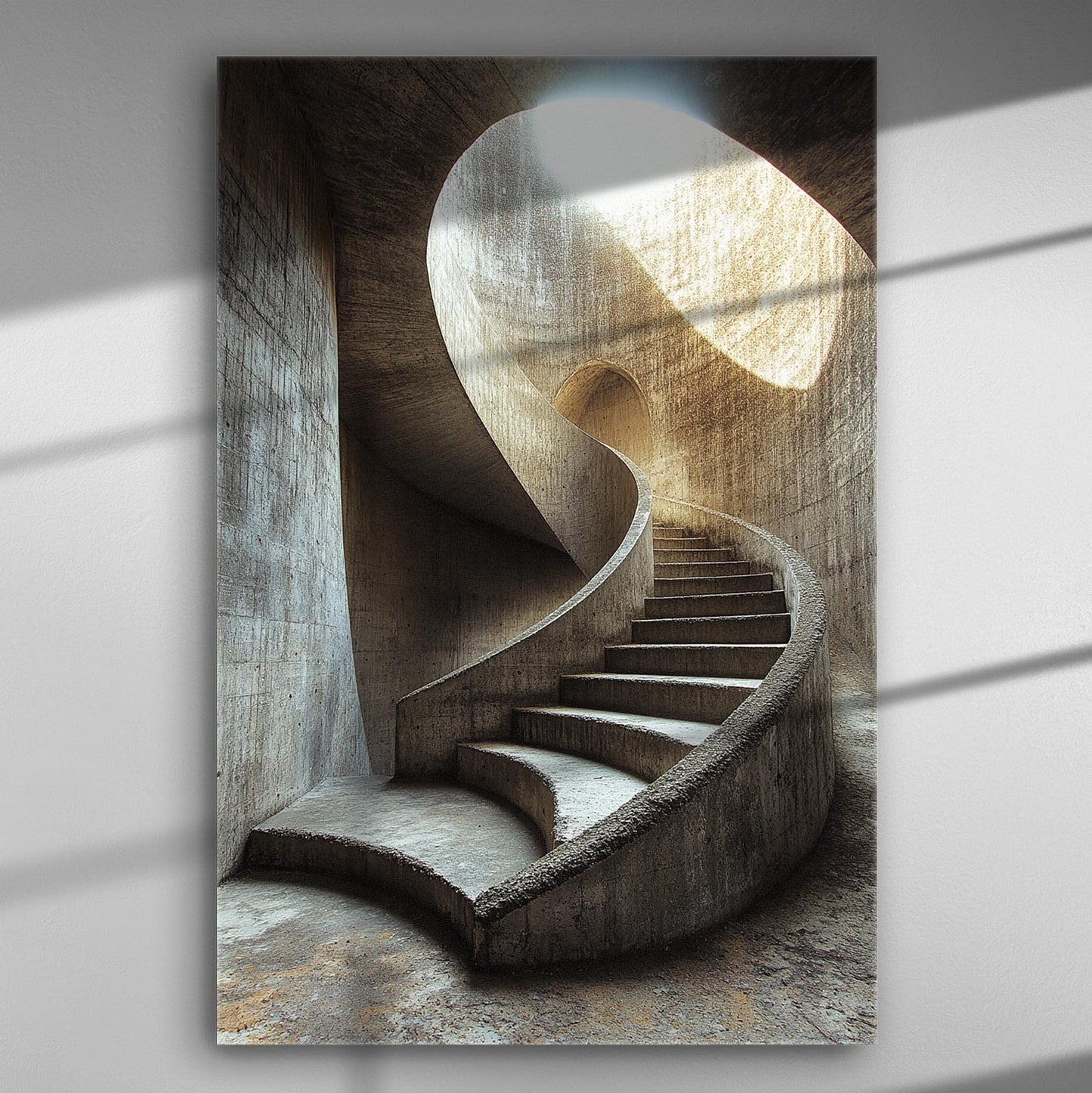 Modern spiral staircase with light and shadow in an architectural space canvas print.