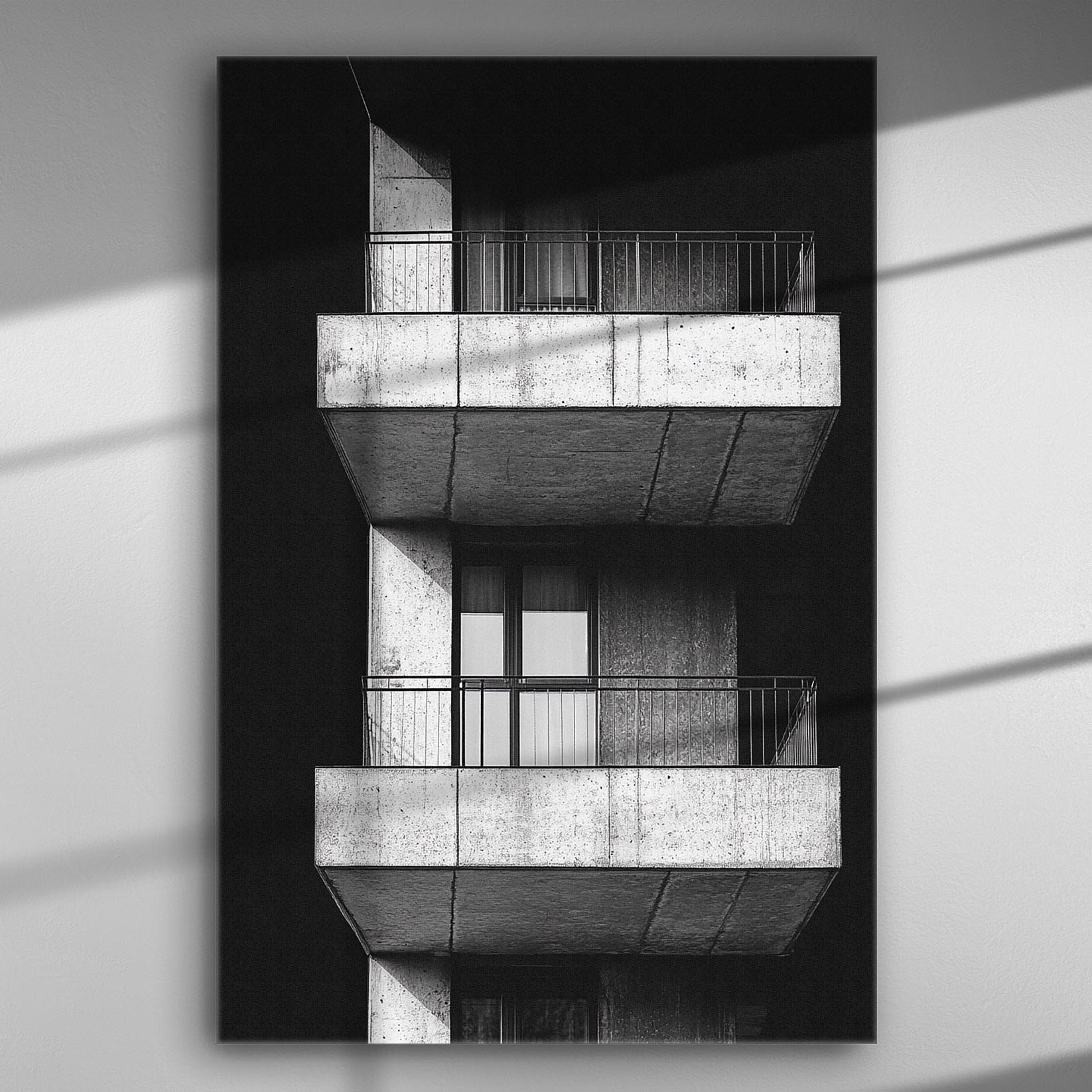 Black and white canvas print depicting a modern balcony with architectural lines and shadows.