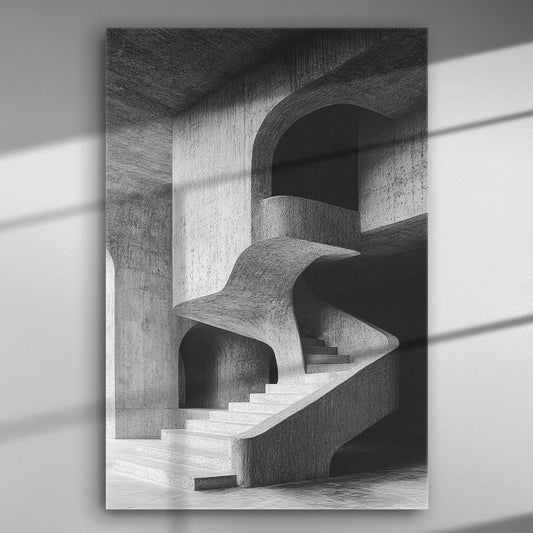 Black and white abstract architectural concrete staircase on canvas.