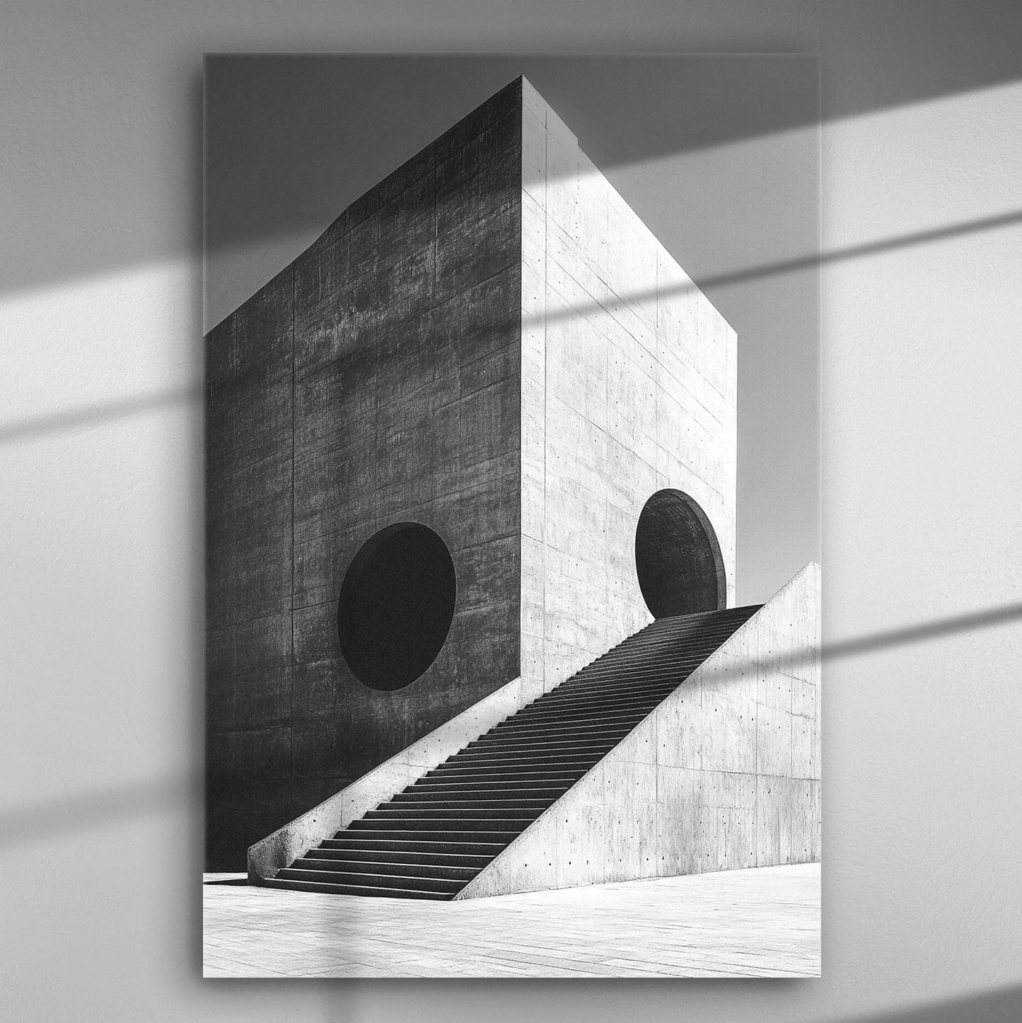 Modern architectural design with geometric shapes on canvas print, highlighting minimalism and symmetry.