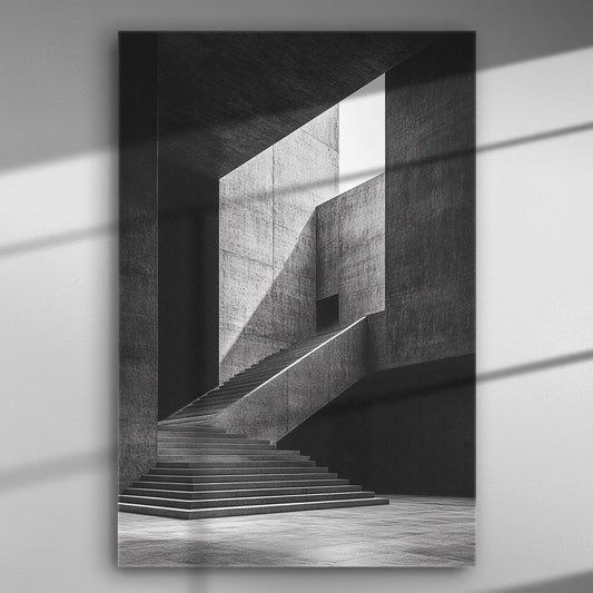 Black and white canvas print of a minimalist architectural staircase with dramatic light and shadow play.