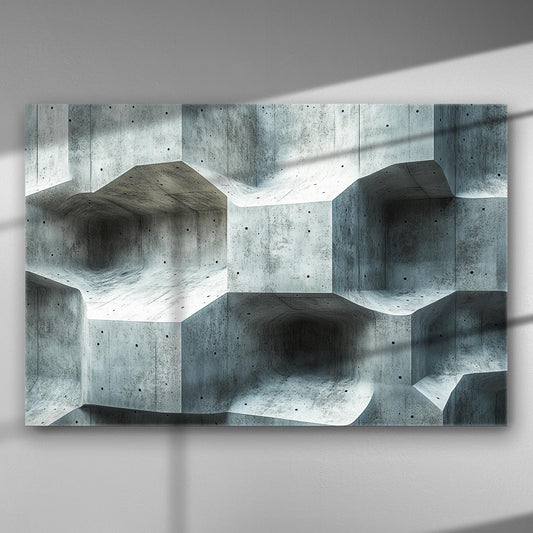 Canvas print showcasing a minimalist geometric concrete texture in gray tones with dynamic light and shadow play.