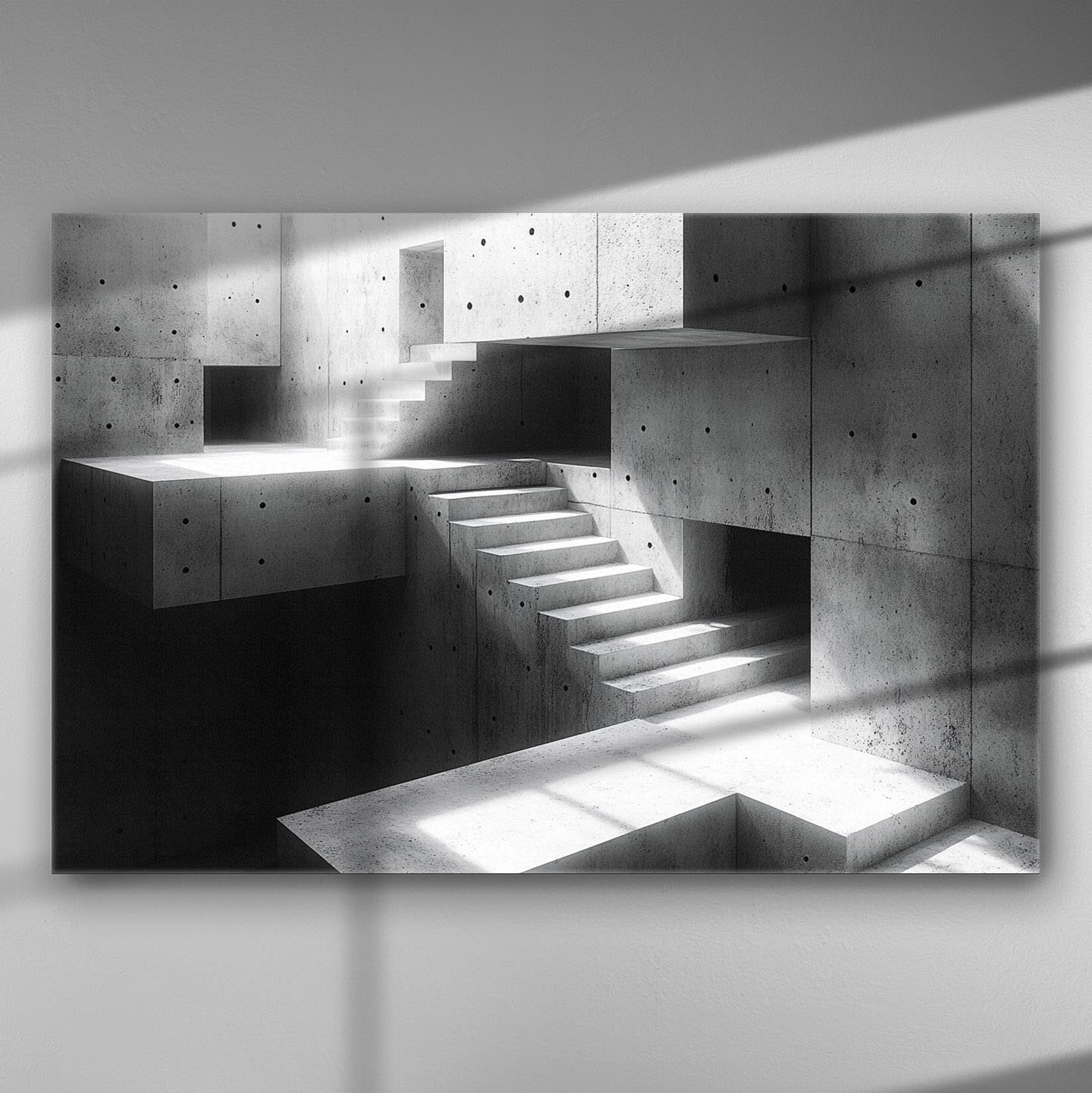 Abstract modern architectural geometric stair design in black and white.