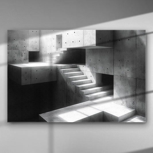 Abstract modern architectural geometric stair design in black and white.