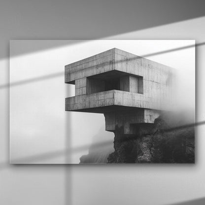 Modern architecture building in fog, black and white canvas print.