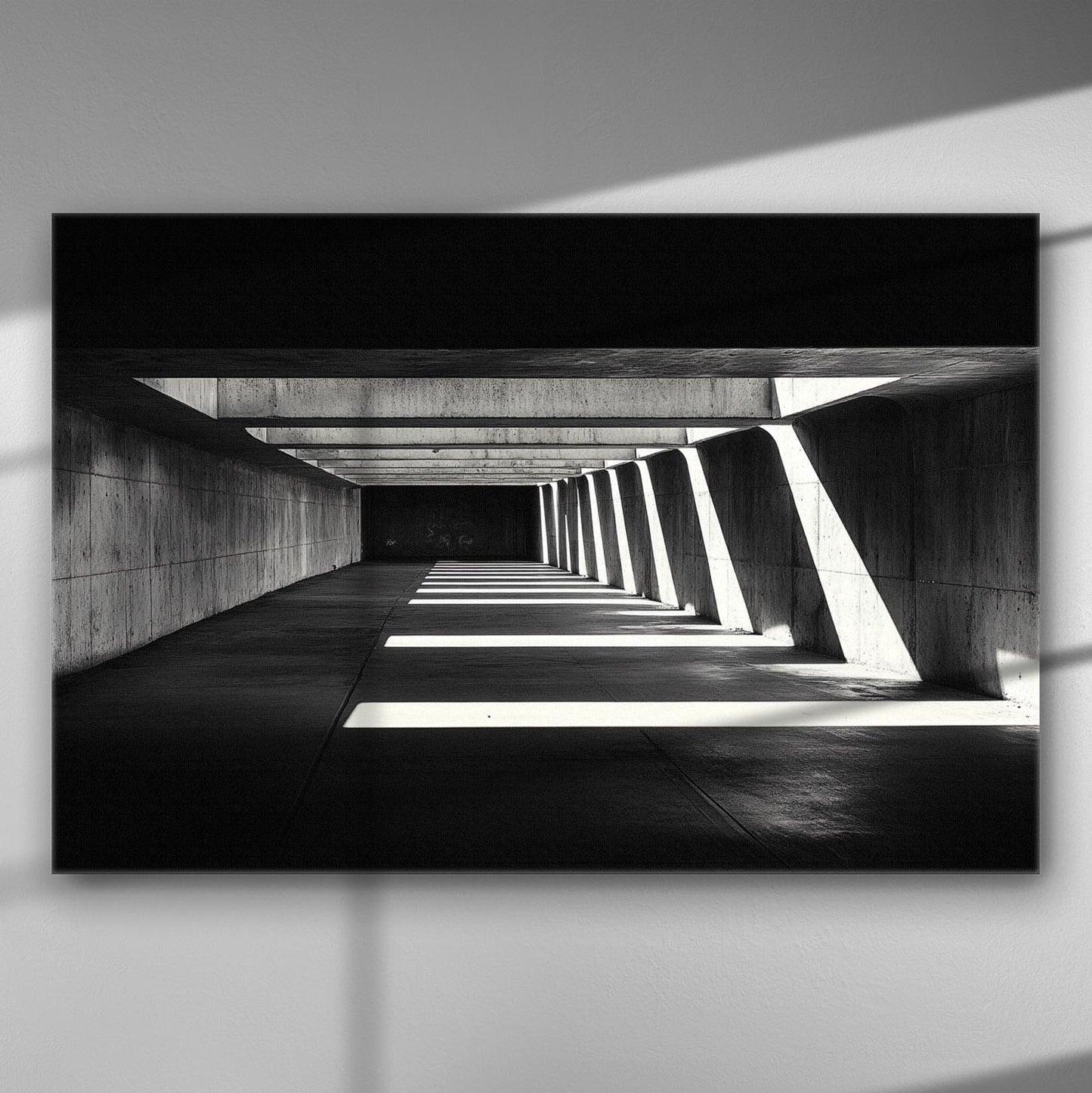 Black and white image of a concrete corridor with geometric shadows.
