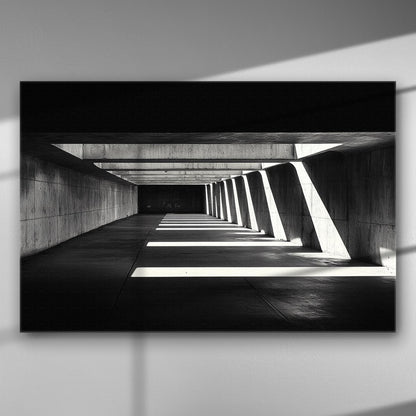 Black and white image of a concrete corridor with geometric shadows.