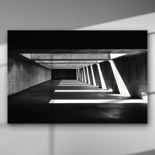 Black and white image of a concrete corridor with geometric shadows.