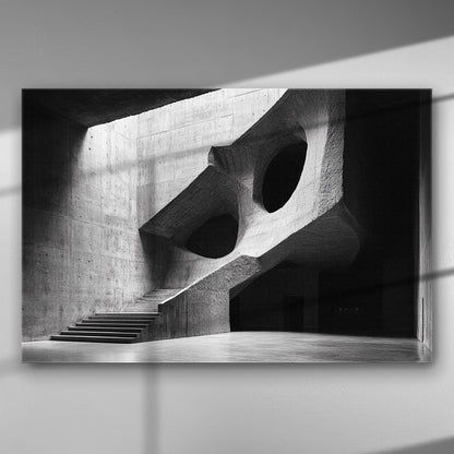 Black and white architectural abstract featuring concrete structures and stairs.