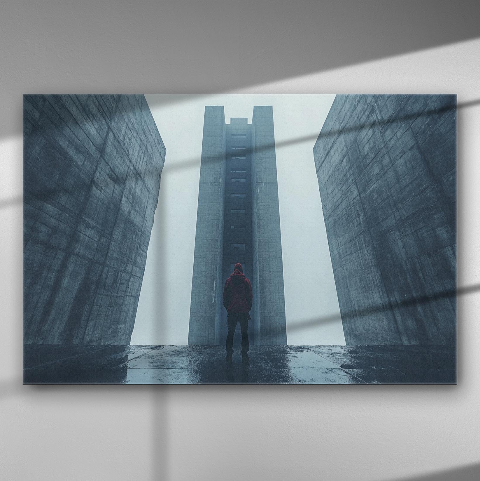 A lone figure standing between imposing architectural structures in a dramatic, monochromatic setting.