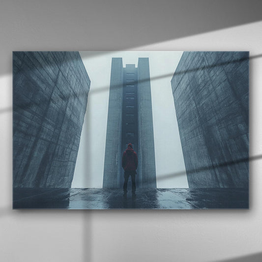 A lone figure standing between imposing architectural structures in a dramatic, monochromatic setting.