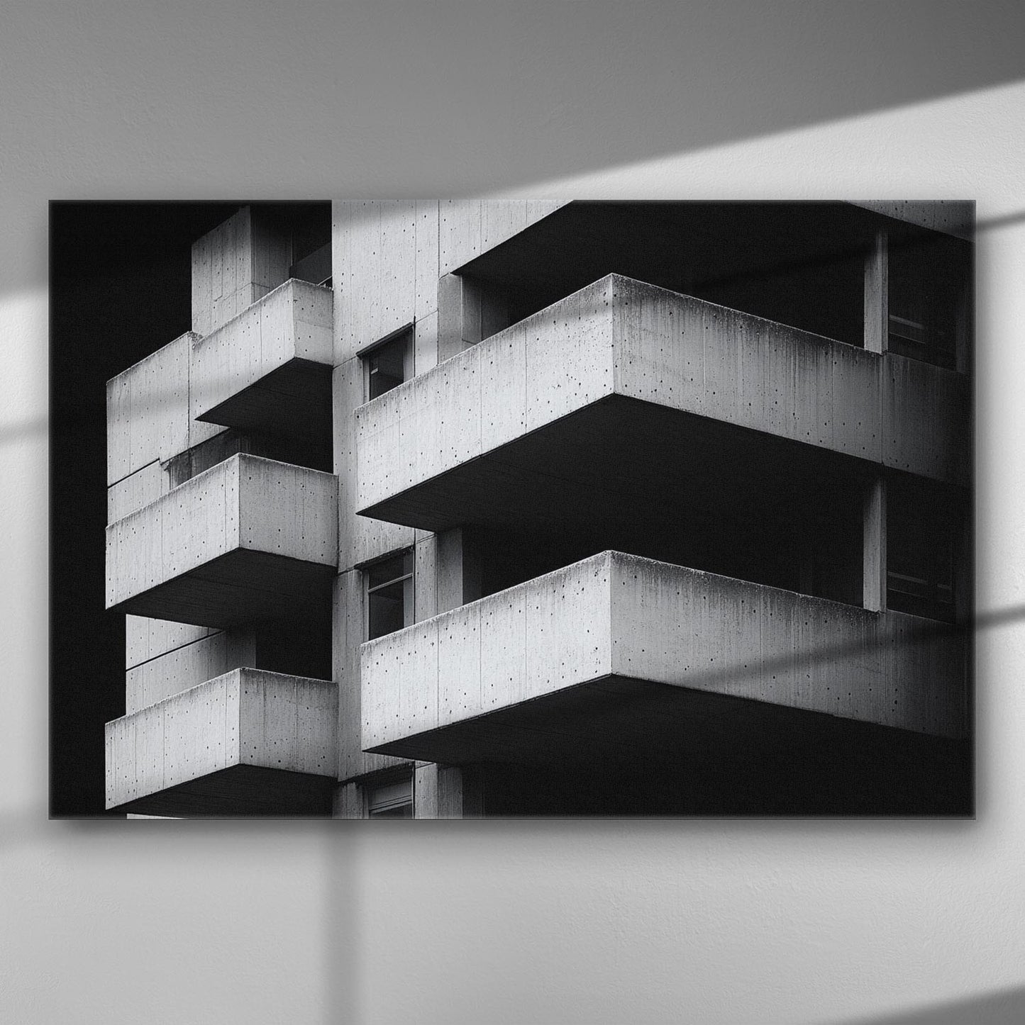 Black and white canvas print featuring a geometric architectural design with multiple concrete balconies.