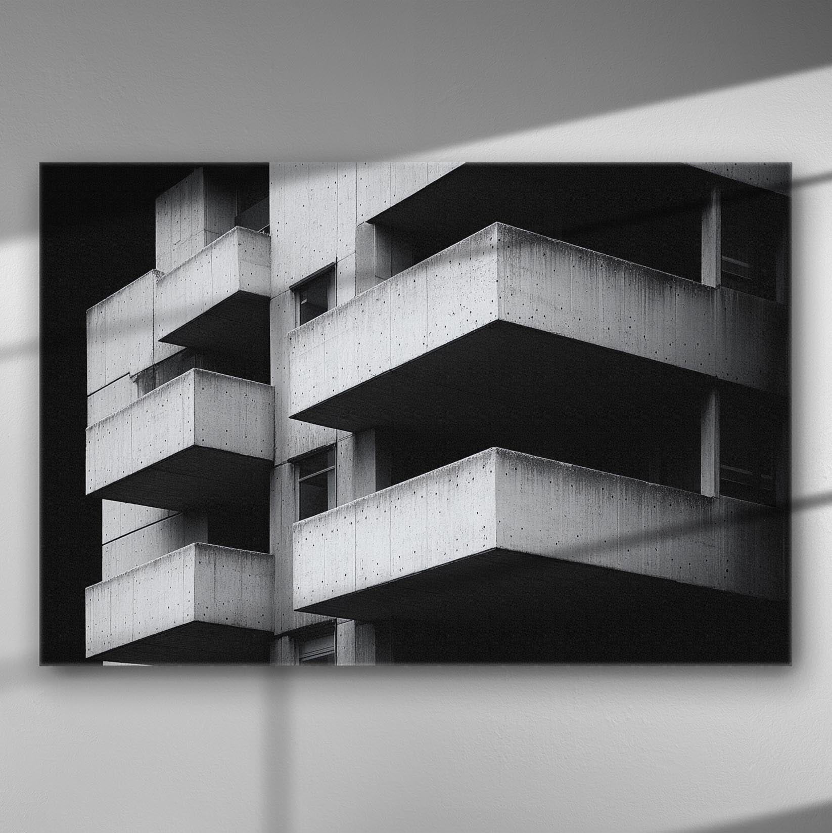 Black and white canvas print featuring a geometric architectural design with multiple concrete balconies.