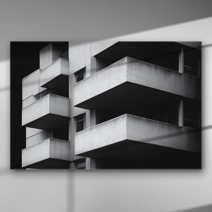 Black and white canvas print featuring a geometric architectural design with multiple concrete balconies.