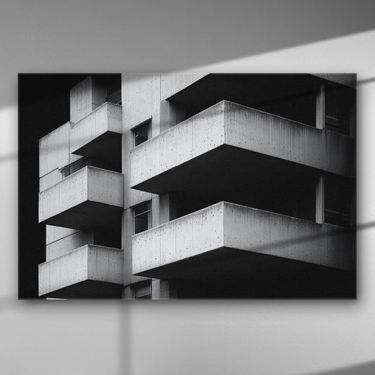Black and white canvas print featuring a geometric architectural design with multiple concrete balconies.