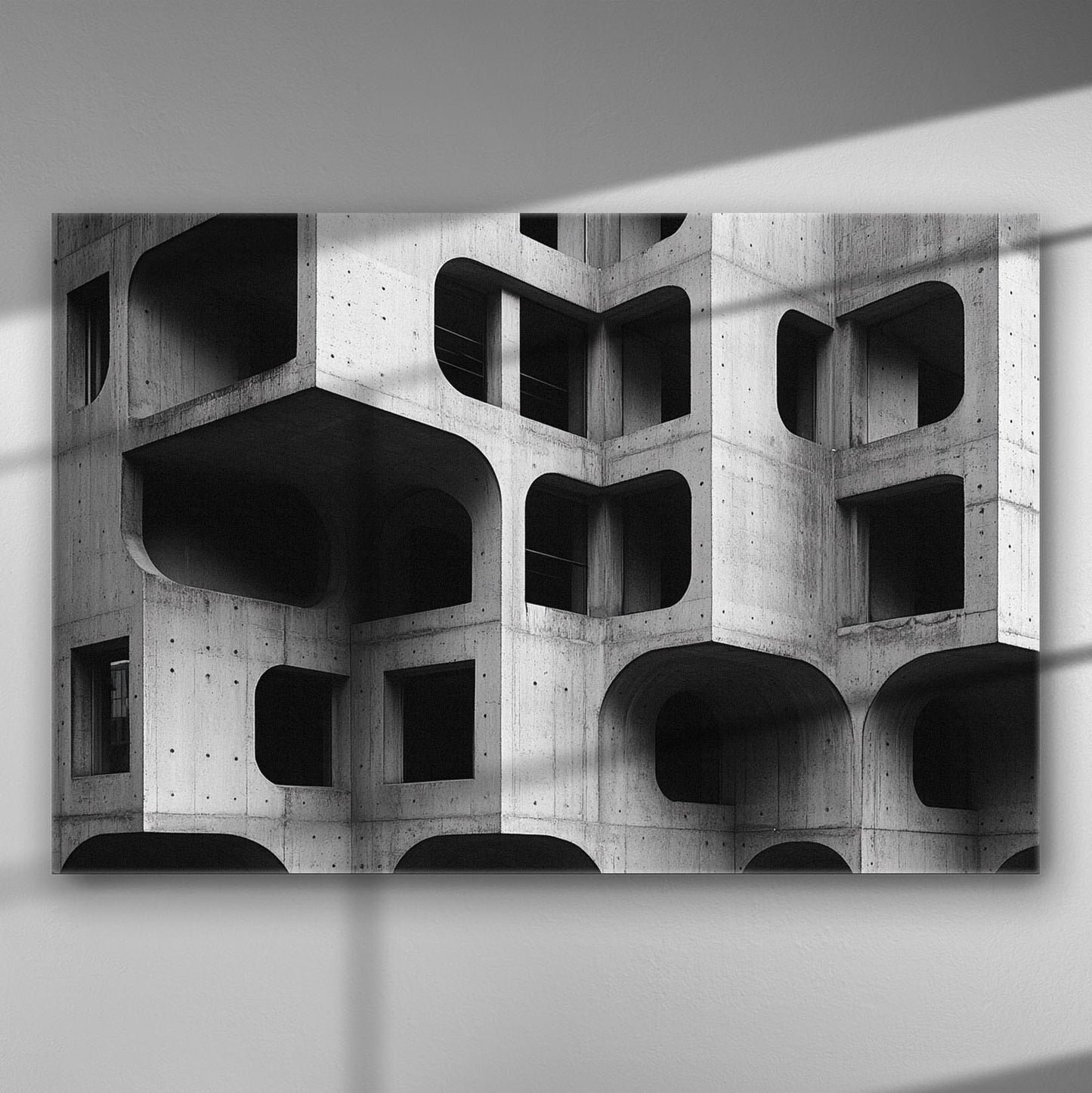 Abstract architectural structure in black and white with geometric patterns on a modern canvas print.