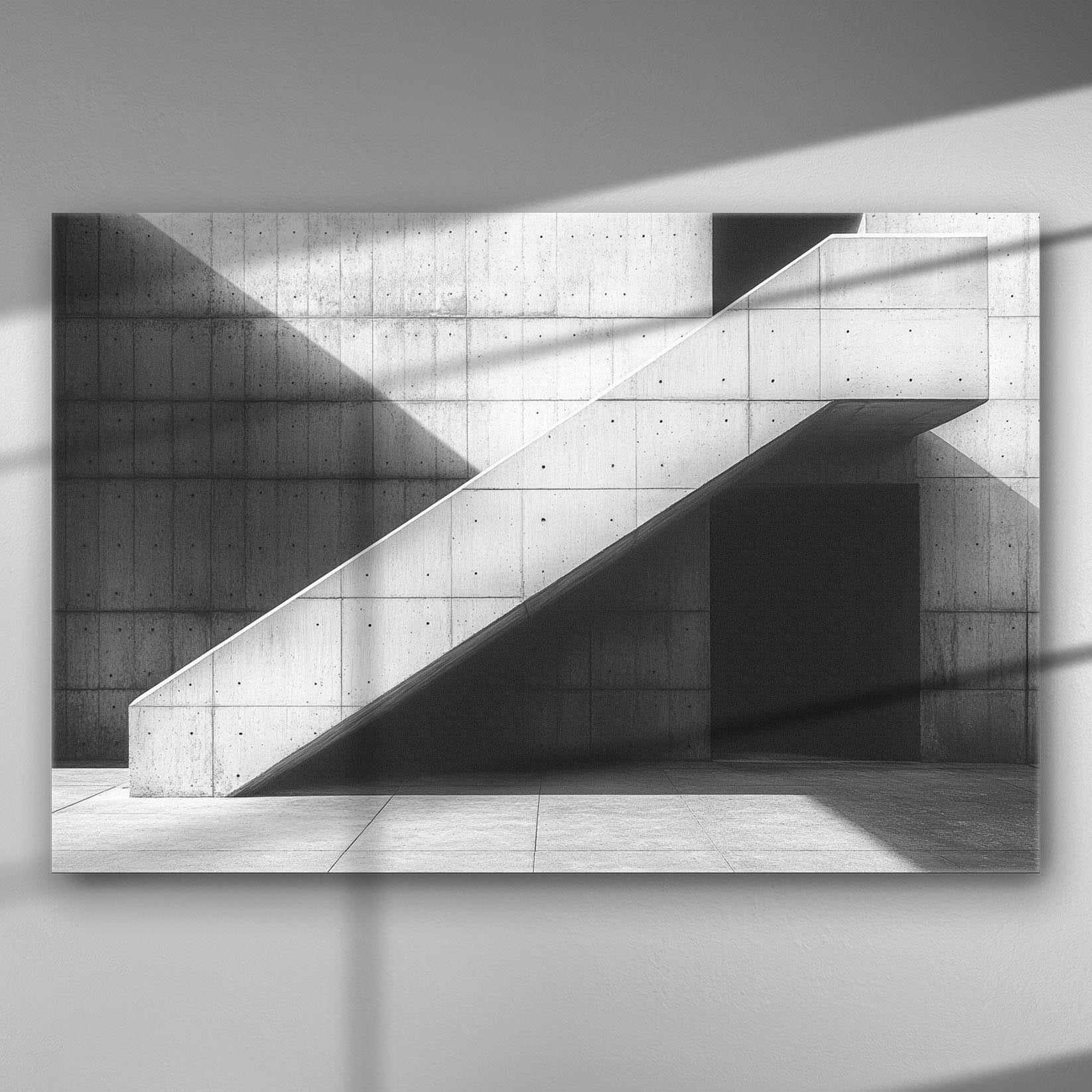 Black and white canvas print depicting minimalist architectural staircase with shadow play.