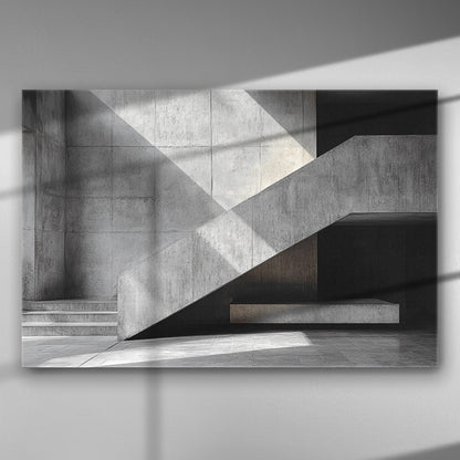 Black and white geometric architectural lines with shadows on a concrete wall.