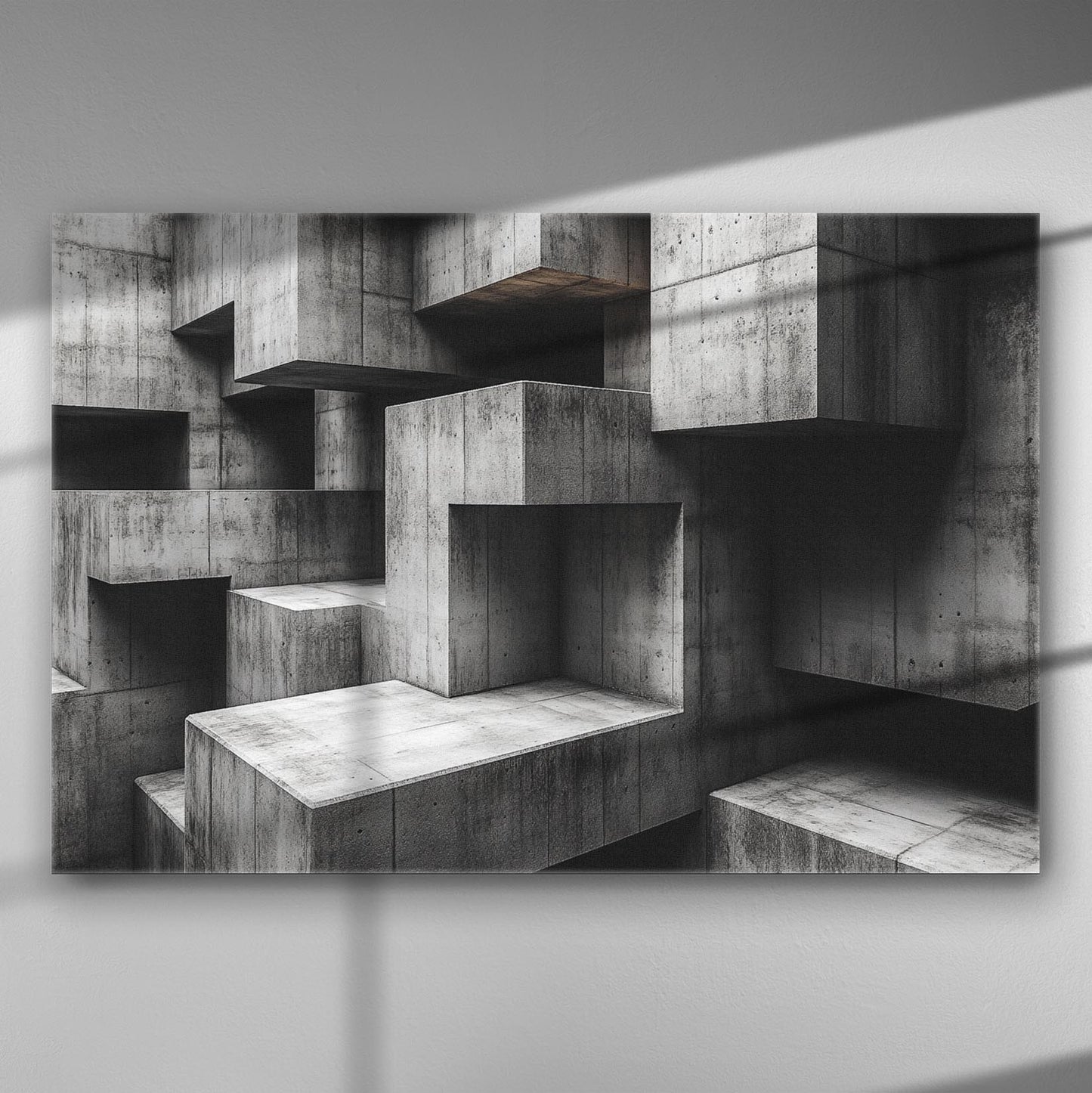 Architectural geometric concrete blocks, industrial aesthetic canvas.