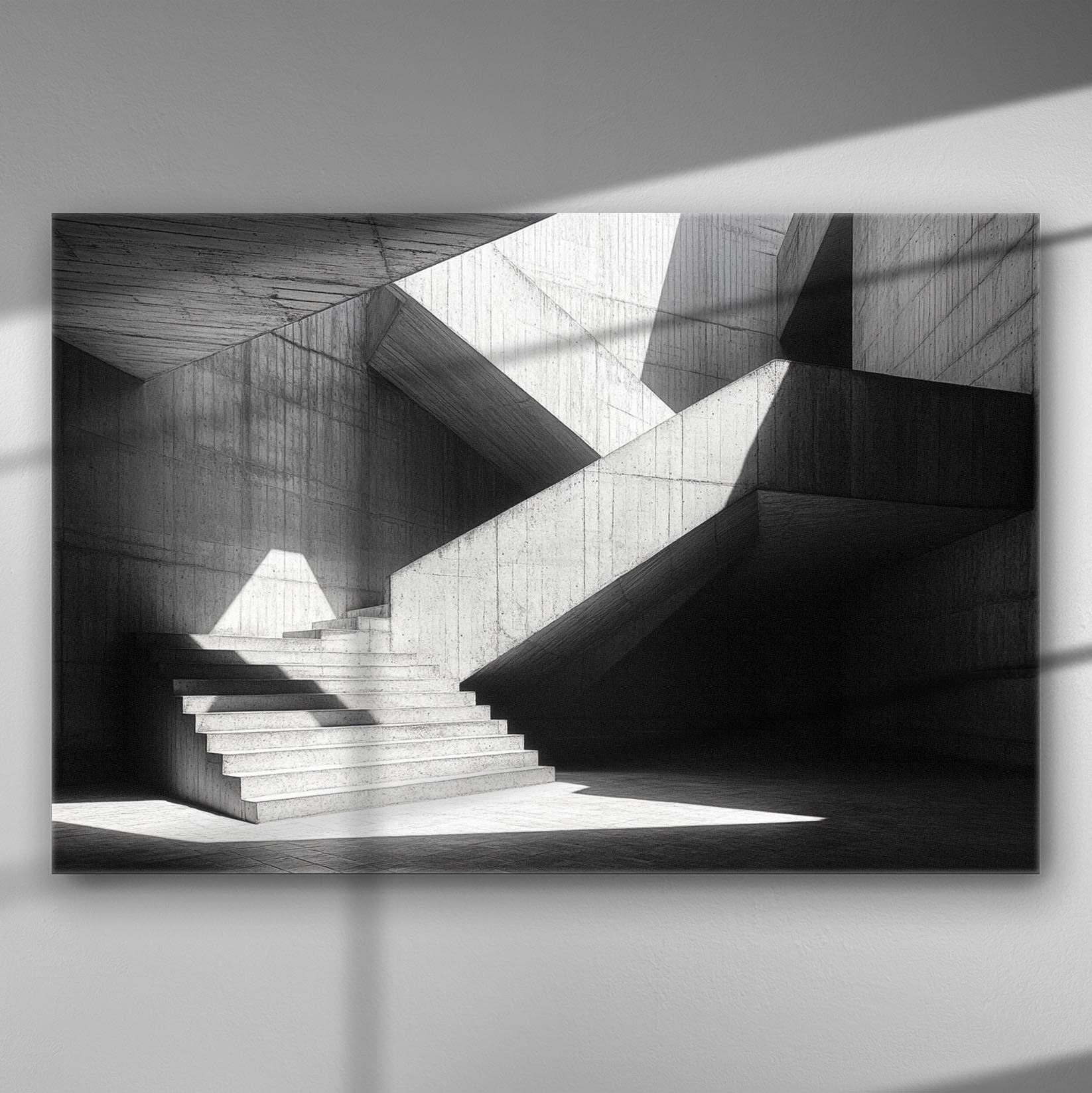 Modern grayscale architectural staircase with bold geometric shadows.