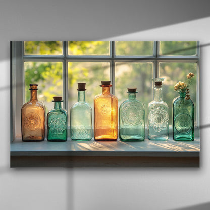 Glass bottles on a windowsill with sunlight filtering through, creating a calm and elegant atmosphere.