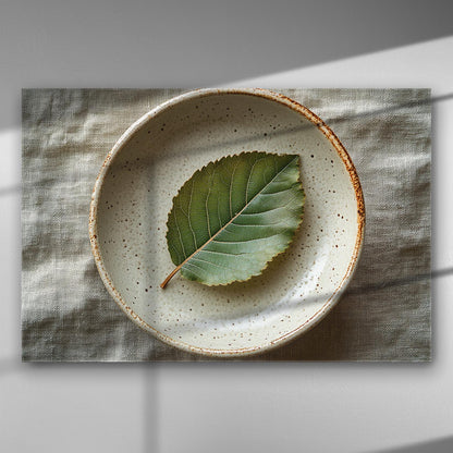 A single leaf placed in a ceramic bowl, captured in soft light, adding a natural and minimalist touch to the decor.