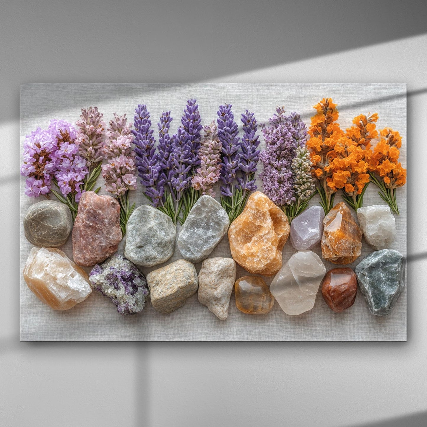 Canvas print featuring an arrangement of lavender and orange flowers with natural stones.