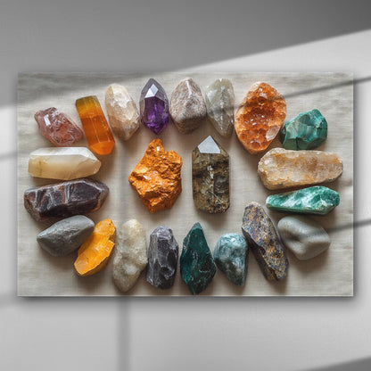Canvas print showing a symmetrical arrangement of colorful crystals on a light background.