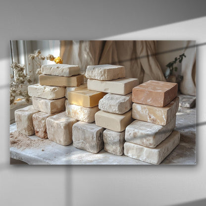 Handmade soaps in natural tones arranged on a table in soft sunlight.