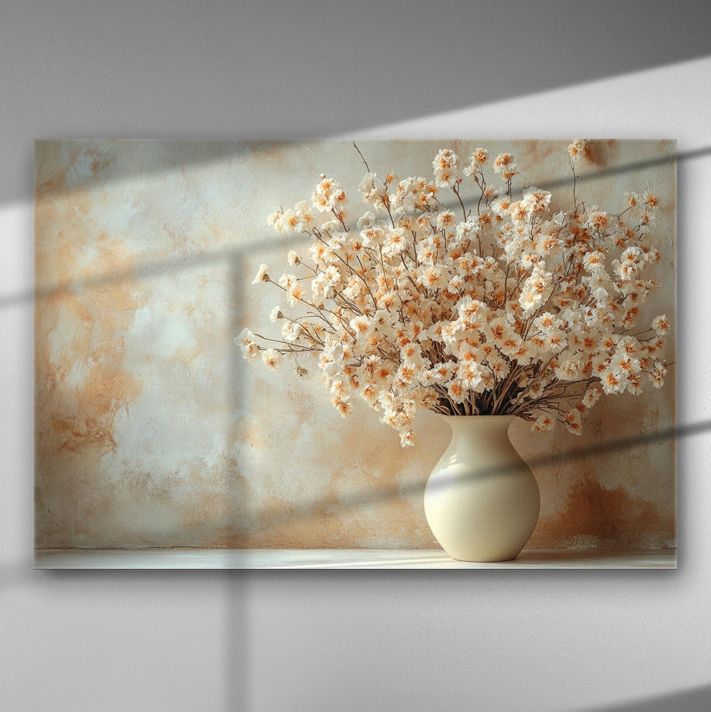 Canvas print of elegant vase with blooming white and yellow flowers against a soft background.