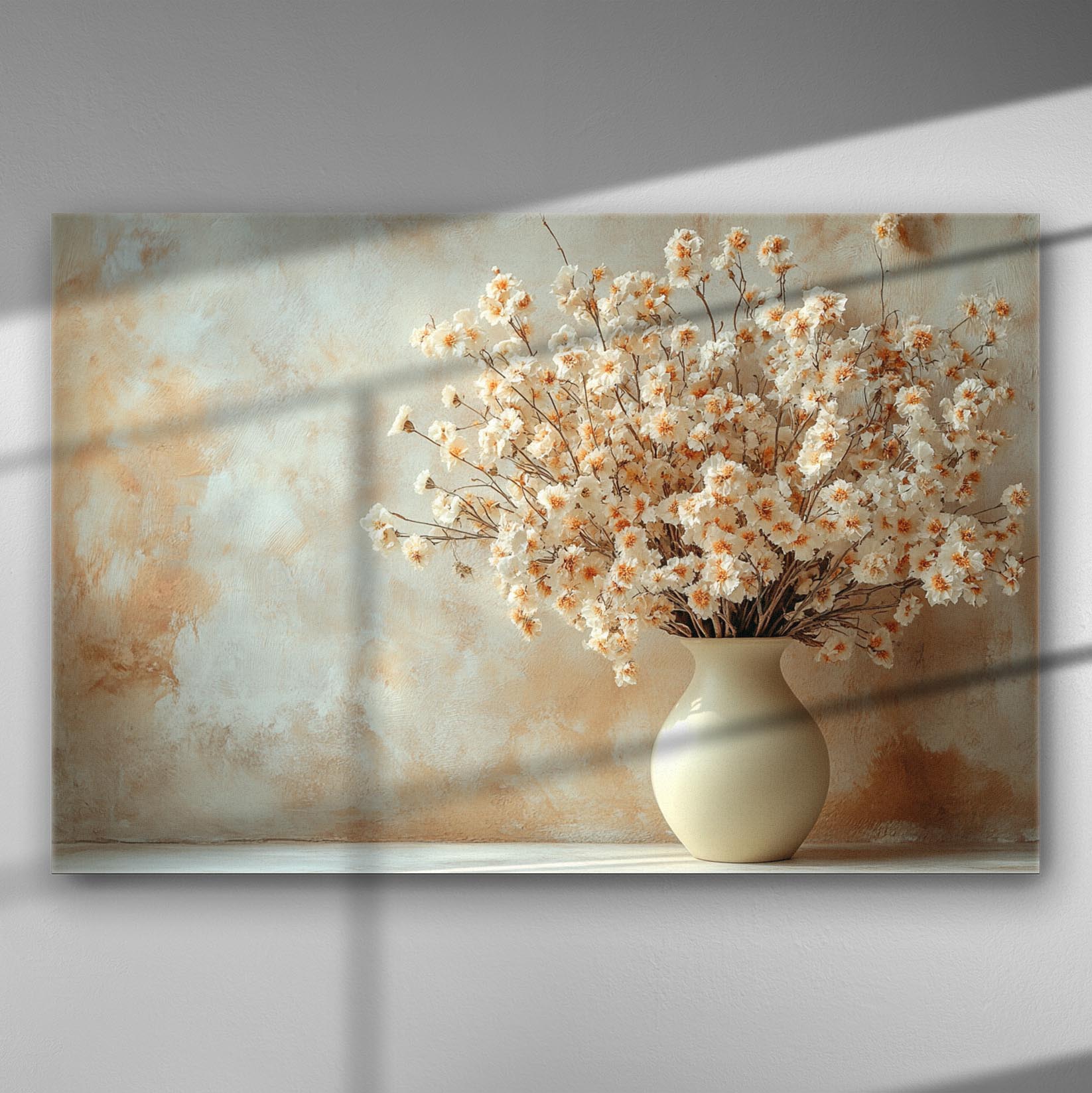 Canvas print of elegant vase with blooming white and yellow flowers against a soft background.