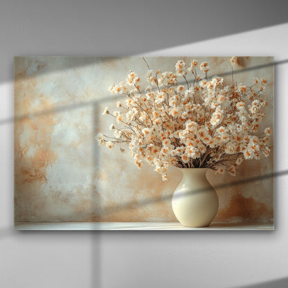 Canvas print of elegant vase with blooming white and yellow flowers against a soft background.
