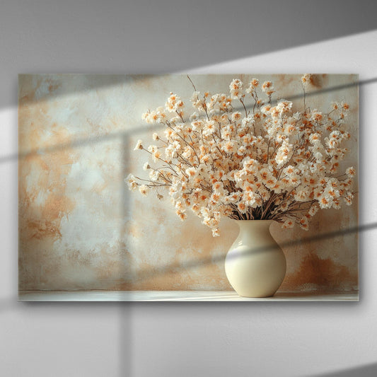 Canvas print of elegant vase with blooming white and yellow flowers against a soft background.