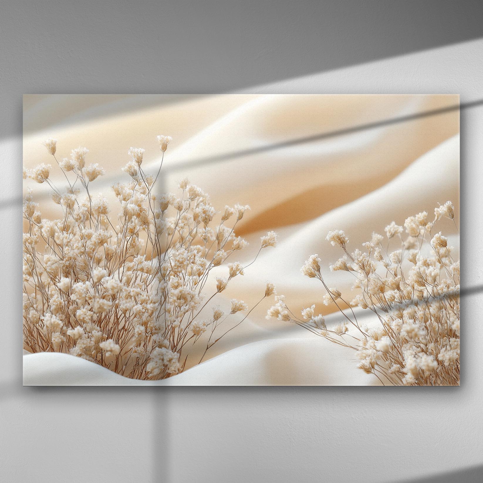 Canvas print featuring gentle desert waves with delicate earthy plants contrasting the soft sand.