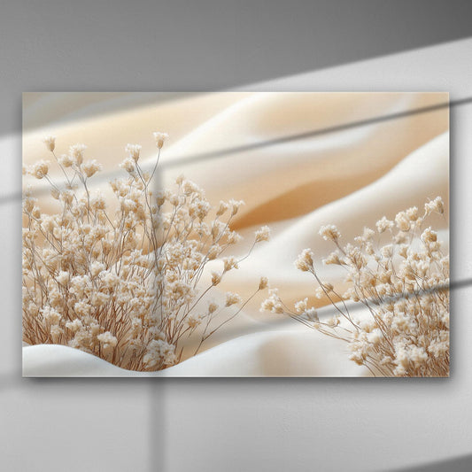 Canvas print featuring gentle desert waves with delicate earthy plants contrasting the soft sand.