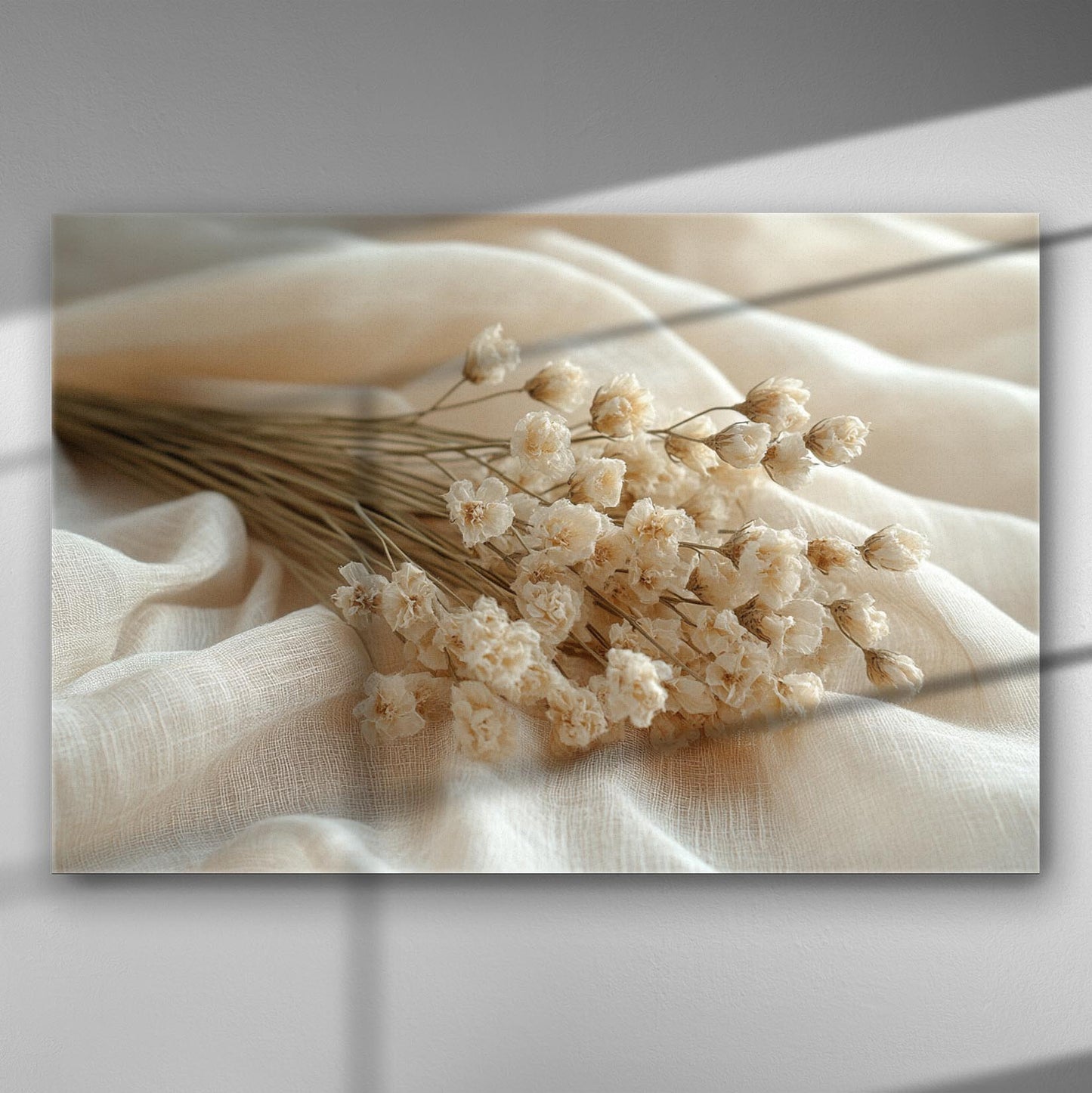 Canvas featuring white dried flowers on linen fabric, exuding a calming and ethereal beauty.