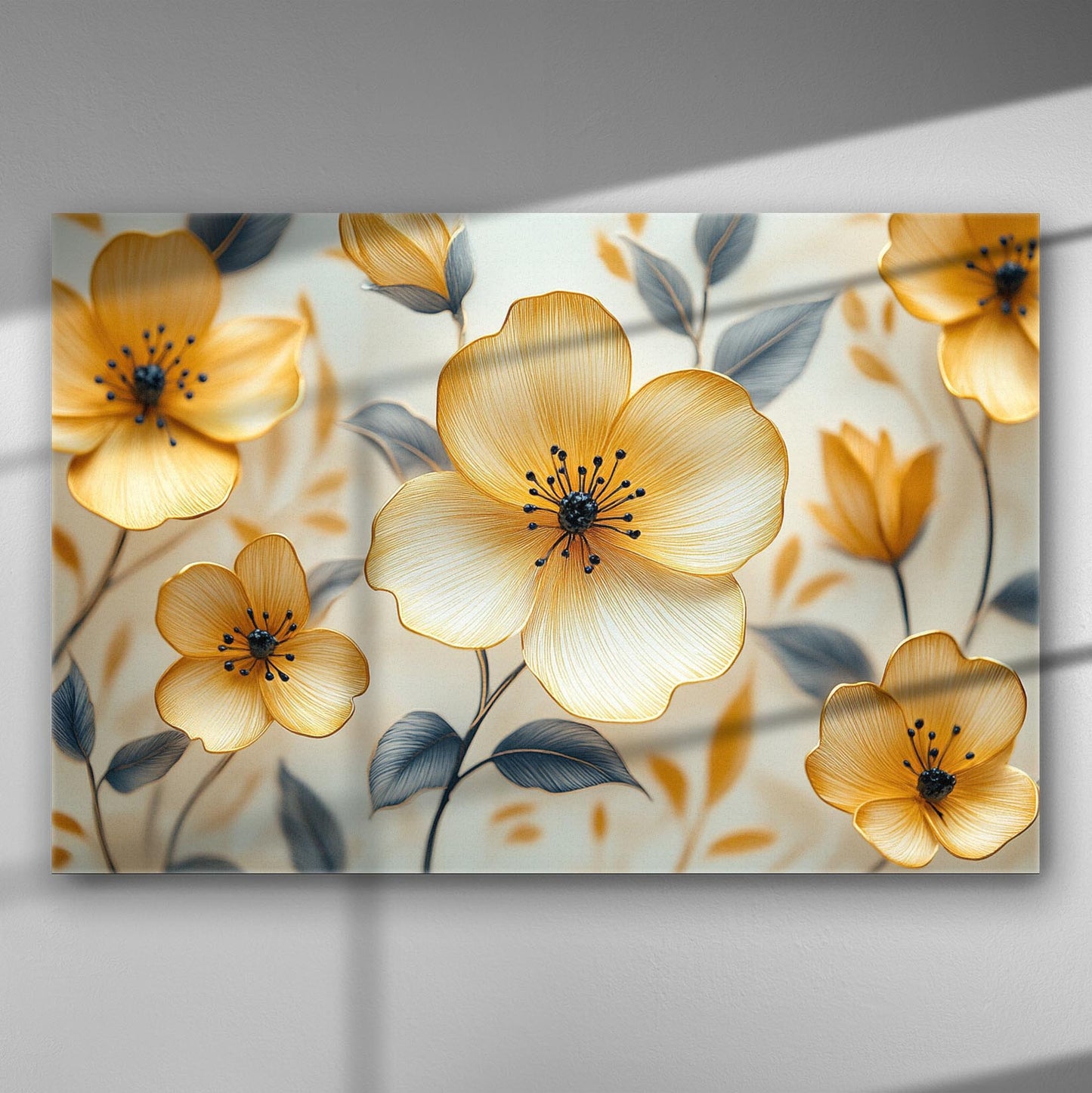 Canvas print of bright yellow flowers with a light background