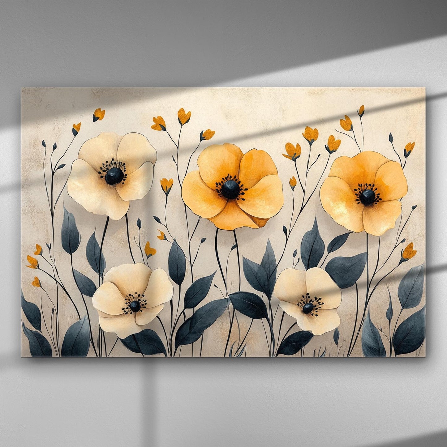 Canvas print featuring delicate flowers in yellow and white tones against a light background, ideal for home decoration.