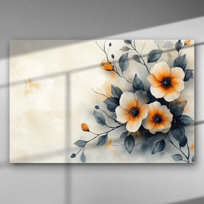 Canvas print featuring elegant orange flowers with gray leaves on a soft beige background.