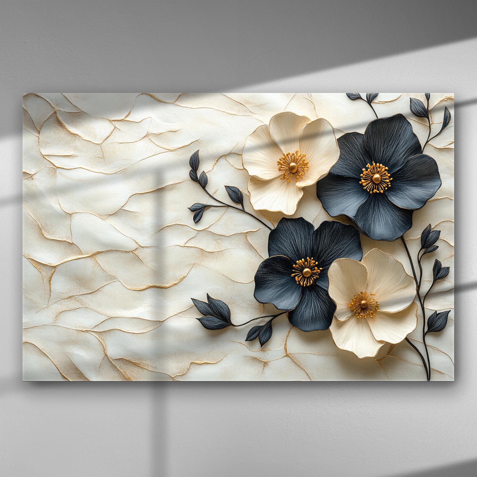 Canvas print featuring delicate embossed flowers on a textured background with soft black and white tones.