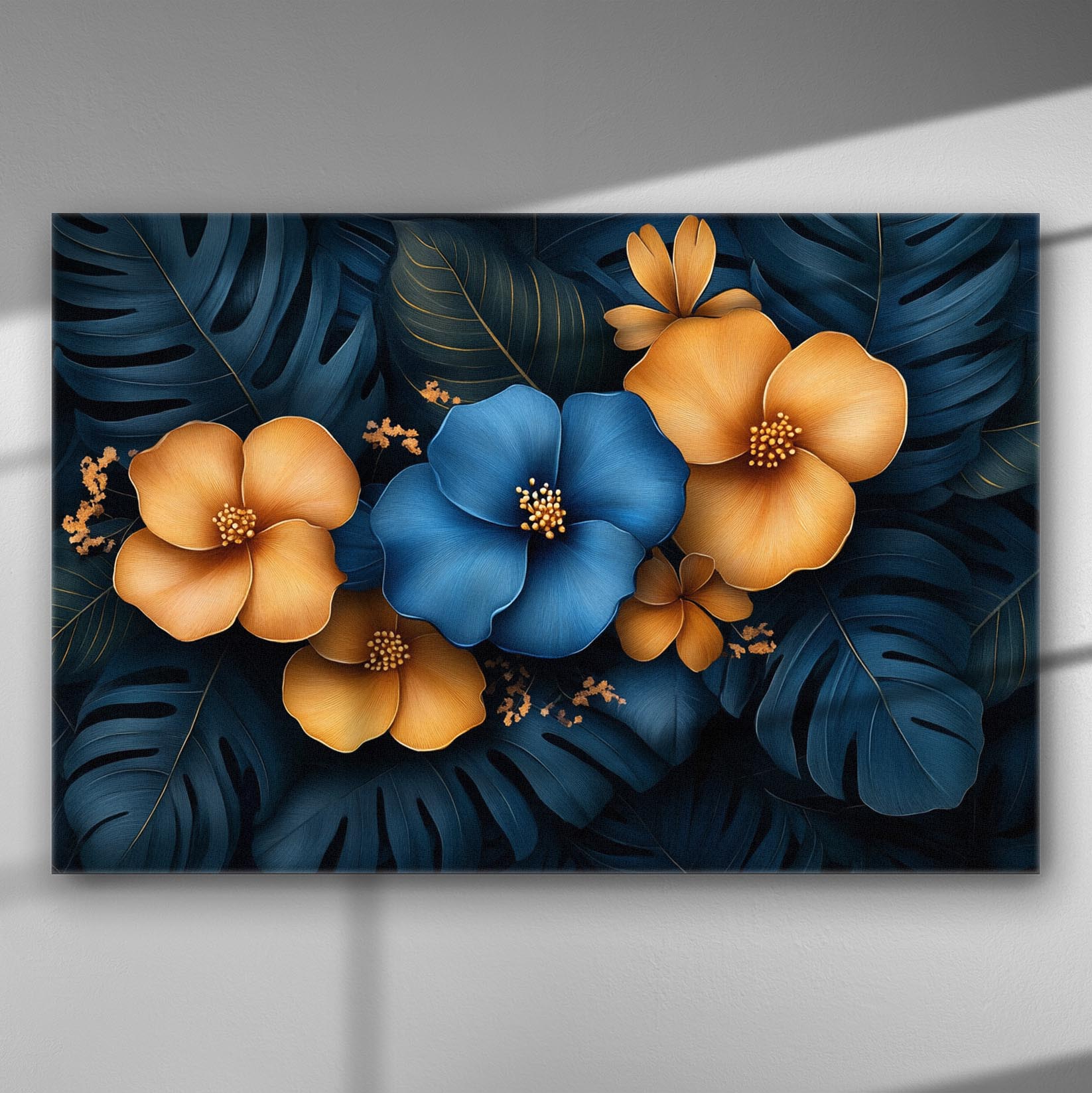 Canvas print featuring exotic flowers in blue and orange with dark leaves.