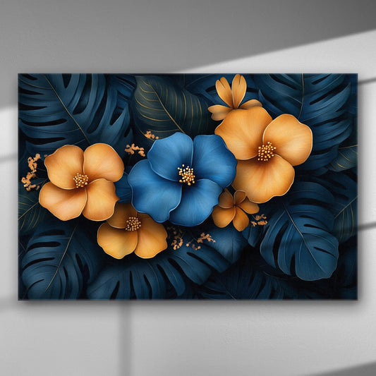 Canvas print featuring exotic flowers in blue and orange with dark leaves.