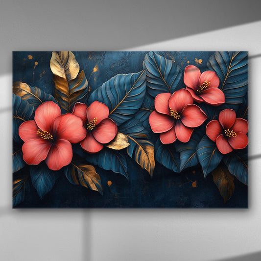 Floral canvas with red flowers and blue leaves, featuring gold accents on a dark background.