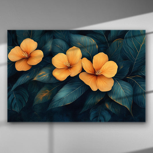 Canvas print featuring three bright orange flowers against deep blue leaves background.