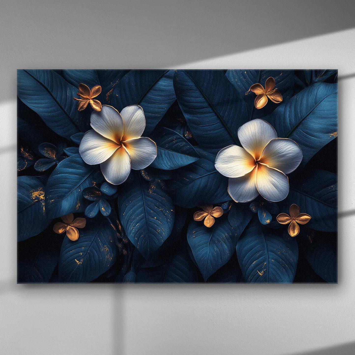 Canvas print of flowers with deep blue leaves and bright white blossoms.