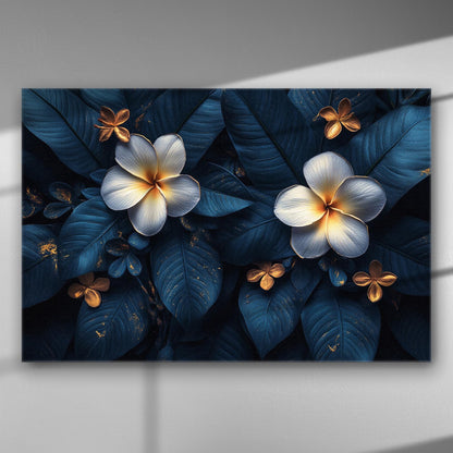 Canvas print of flowers with deep blue leaves and bright white blossoms.