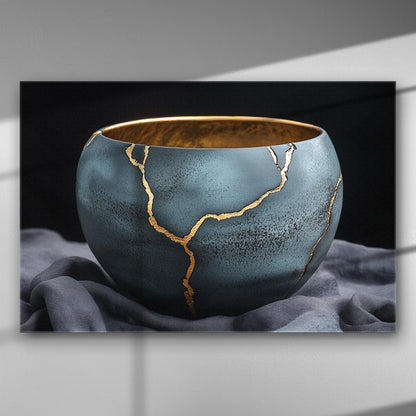 A canvas print depicting a blue Kintsugi bowl with golden cracks.