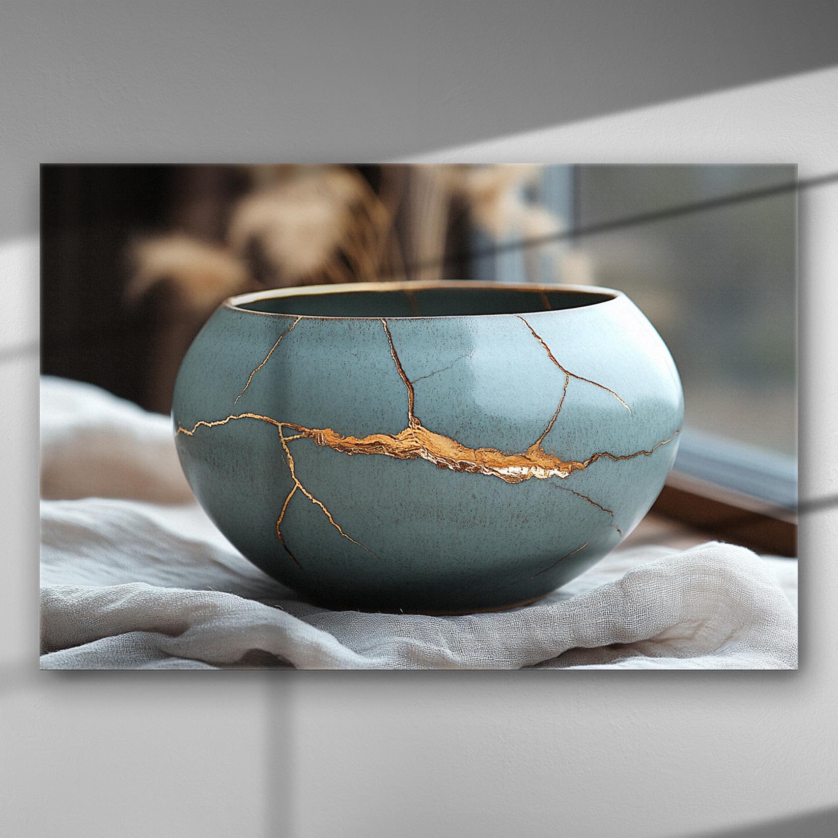 A canvas print of a ceramic bowl repaired with gold, showcasing the Japanese art of Kintsugi.